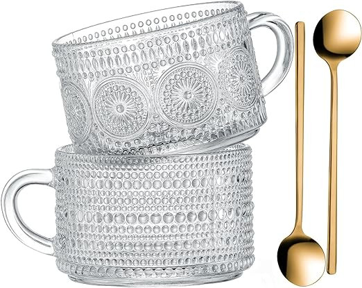 Gezzeny Vintage Glass Coffee Mugs 14 Oz Set of 2 Clear Embossed Tea Cups, Glass Coffee Cups for C... | Amazon (US)