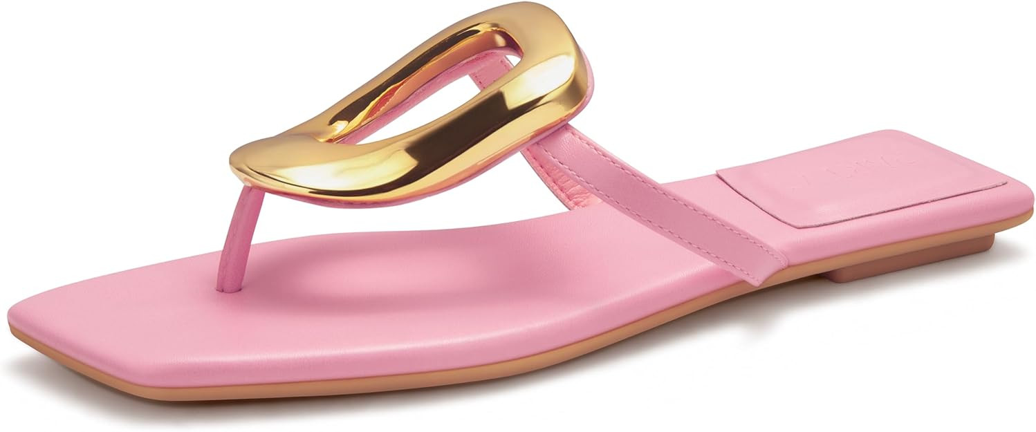 PARTY Square Toe Flip Flops Women,Fashion Designer Thong Sandals with Gold Buckle Trendy Summer C... | Amazon (US)