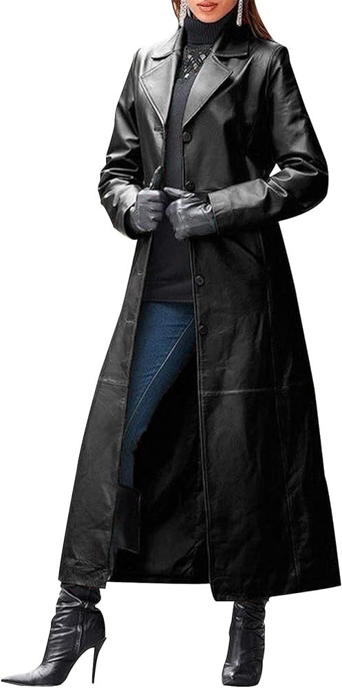 Gihuo Women' s PU Faux Leather Jacket Maxi Long Lapel Coat Outwear | Amazon (US)