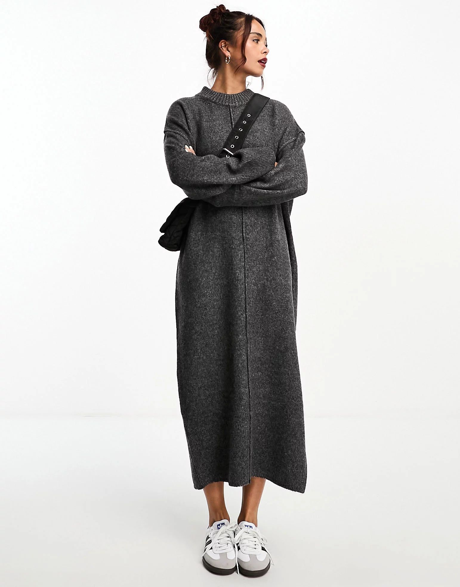 ASOS DESIGN oversized knitted midi dress with crew neck and seam detail in charcoal | ASOS (Global)