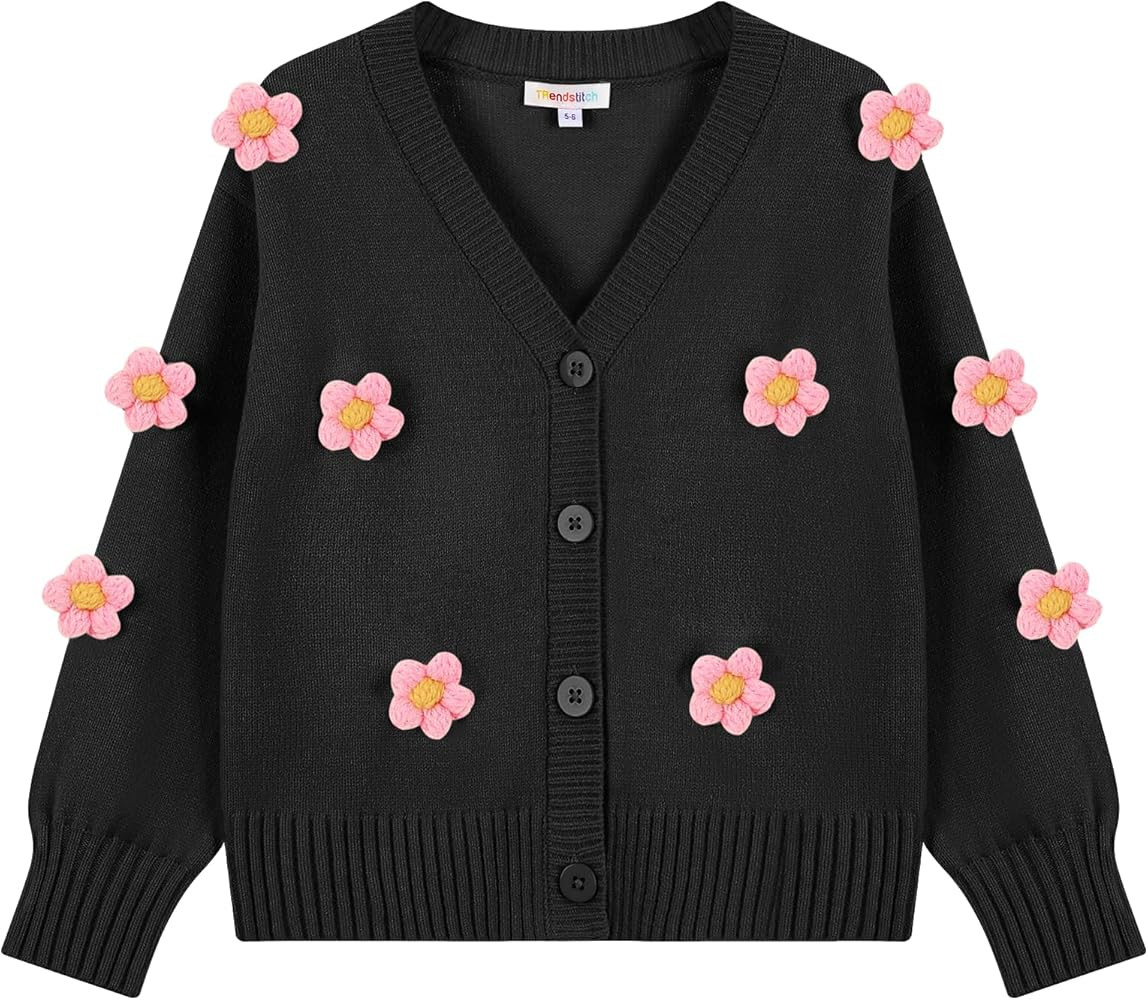 Girls' Cardigan with 3D Flowers Embroidery, Cropped Knit Sweater Shrug for Kids, Long Sleeve Unif... | Amazon (US)