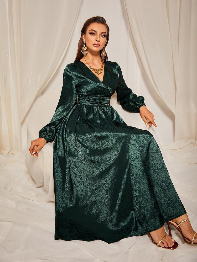 Jacquard Surplice Neck Lantern Sleeve A-line Dress | SHEIN