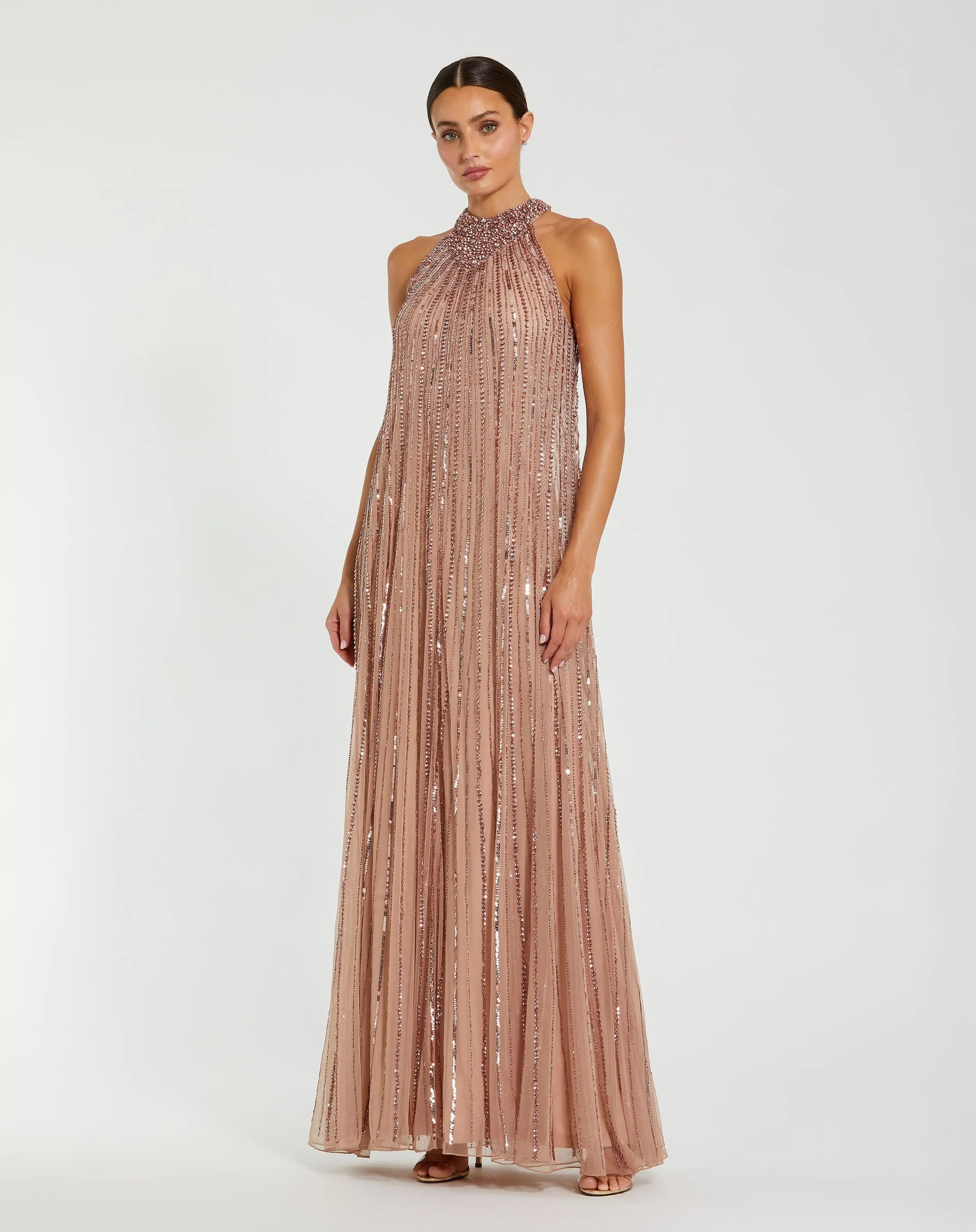 Pink Sleeveless Halter Neck Embellished Trapeze Gown | Mac Duggal | Mac Duggal