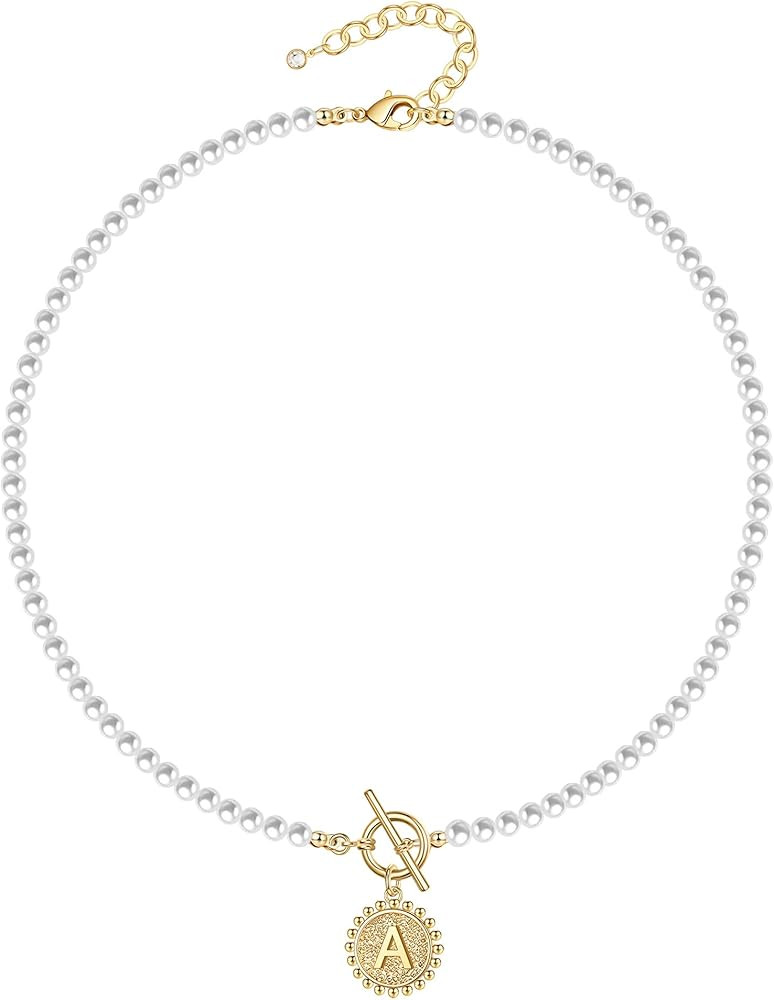 Initial Choker Pearl Necklace for Women, 14K Gold Plated Handmade 4MM Simulated Shell Pearl Neckl... | Amazon (US)