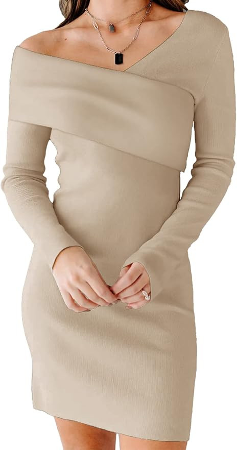 PRETTYGARDEN Women's Off Shoulder Bodycon Dress Asymmetrical Neck Long Sleeve Backless Pencil She... | Amazon (US)