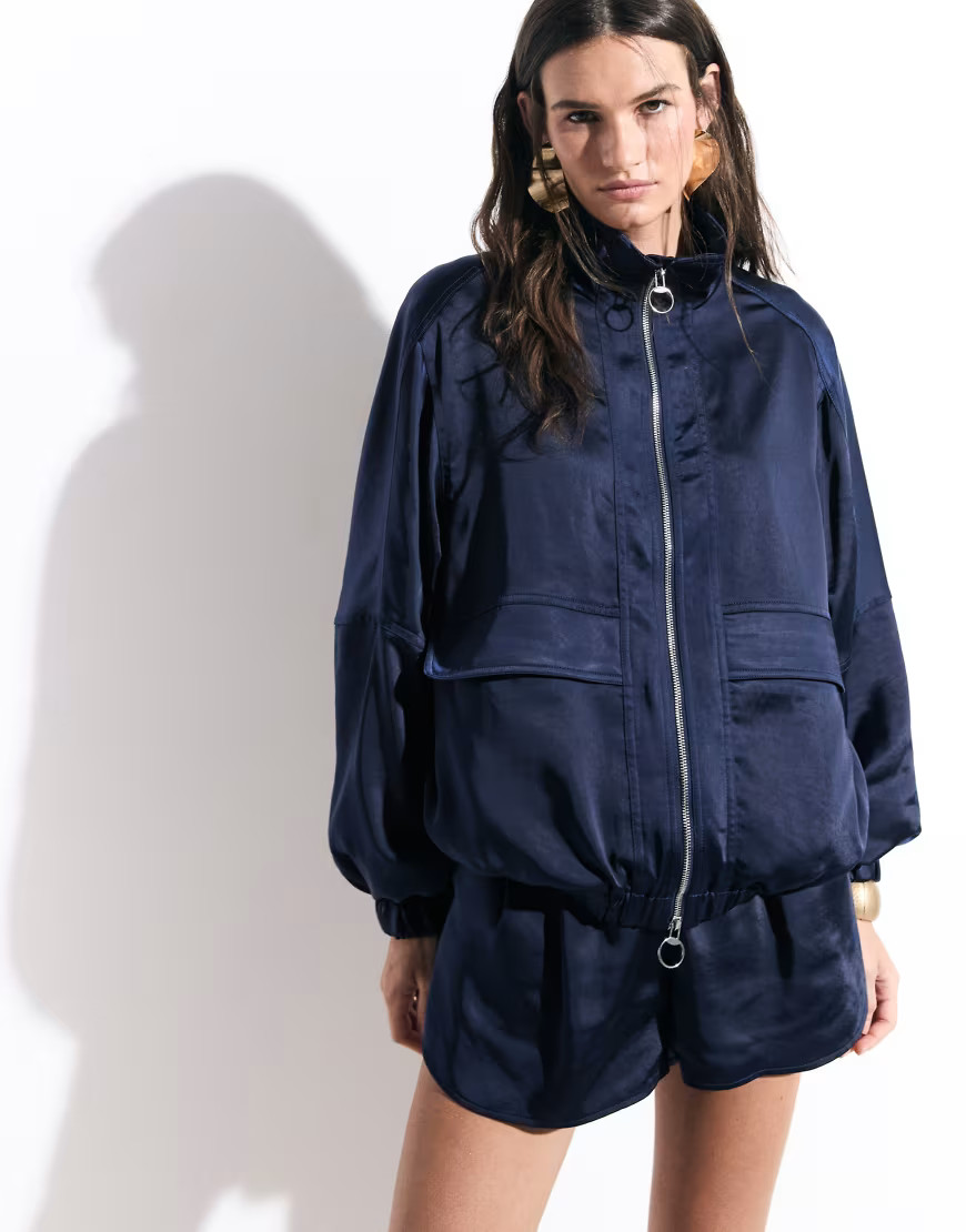 ASOS DESIGN tailored bomber jacket in satin in navy | ASOS (Global)