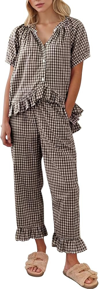 COZYPOIN Womens Gingham Pajama Set 2 Piece Plaid Cotton Pjs Cute Ruffle Sleepwear Maternity Bride... | Amazon (US)