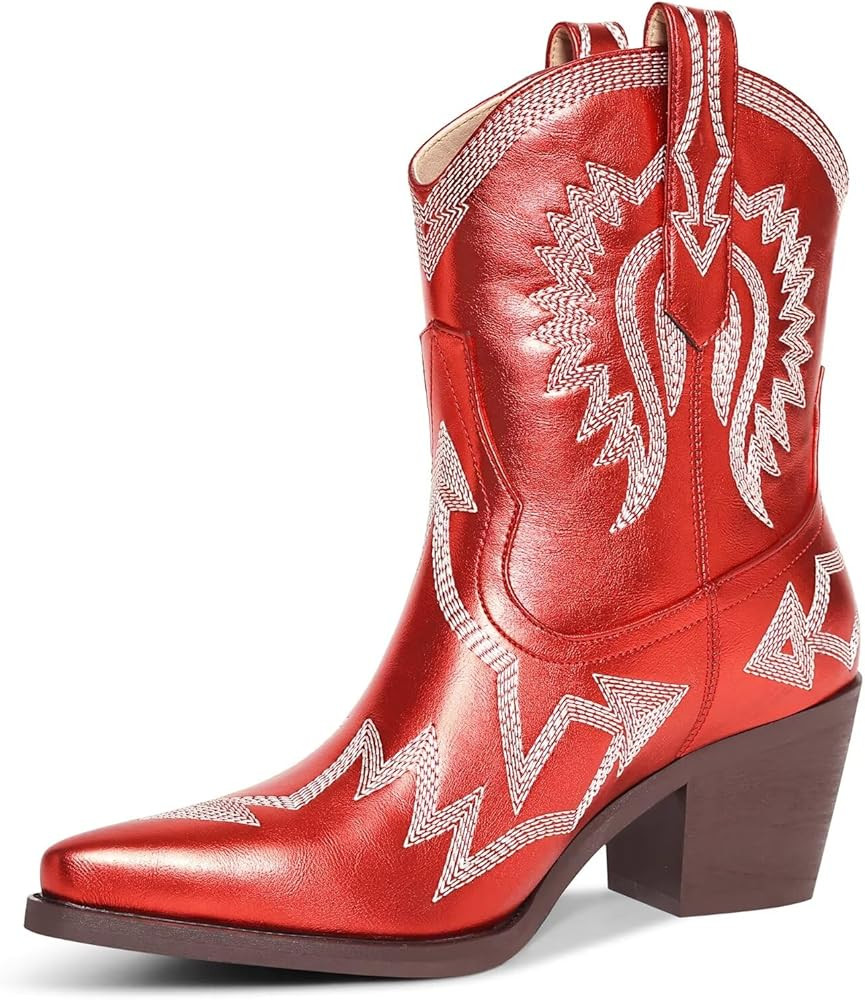 Western Boots for Women Metallic Embroidered Pointed Toe Cowgirl Boots Chunky Heel Pull-On Short ... | Amazon (US)