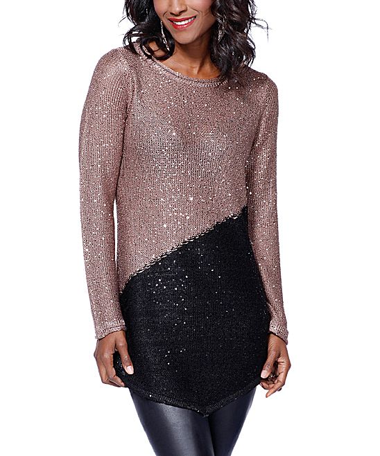 Belldini Women's Pullover Sweaters COPPER/BLACK - Copper & Black Sparkle Diagonal Color Block Sweate | Zulily