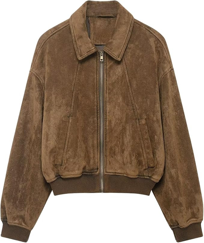 Chevara Women’s Faux Suede Jacket Casual Lapel Collar Long Sleeve Zip Up Crop Outerwear Pilot C... | Amazon (US)