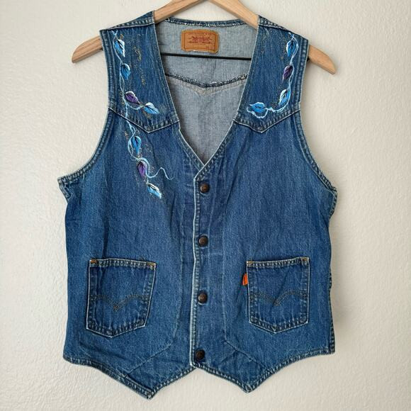 Vintage Levi's Women's Orange Tab Denim Vest Hand Painted Design Size Medium | Poshmark