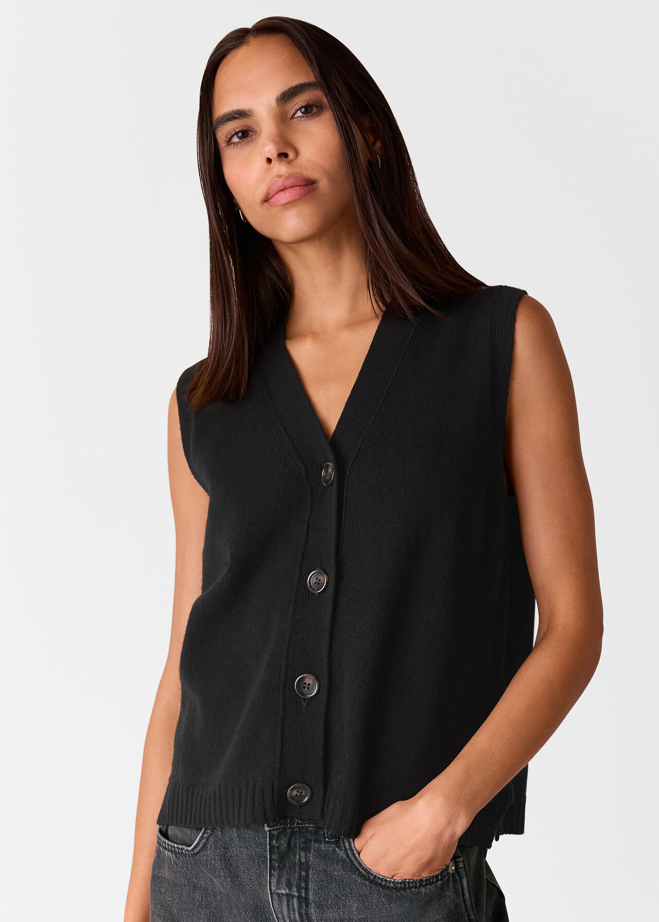 Black Wool Button Through Tank | WHISTLES | | Whistles