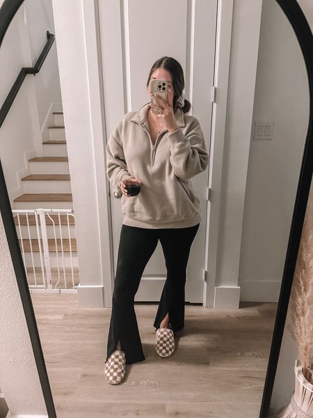 Cozy fall outfit. This is my favorite half zip sweatshirt & it’s 15% off! Really good quality, im wearing a size up XL for room. Aerie leggings aren’t sold anymore, linked similar. Target checkered slippers run tts (L for 9-10) 

#LTKsalealert #LTKmidsize #LTKSeasonal