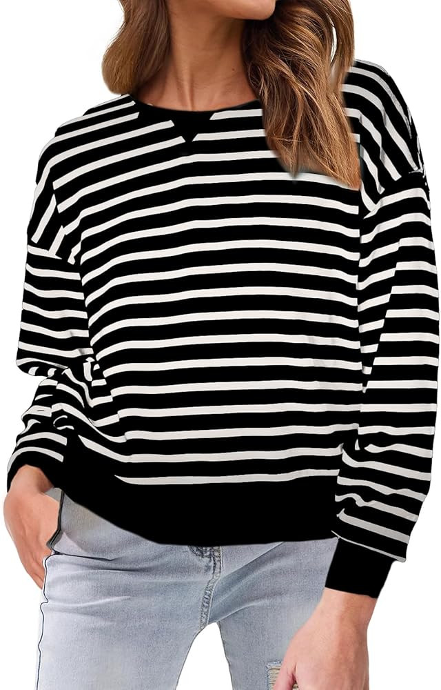 Glamaker Women's Striped Crewneck Sweatshirt Pullover Casual Long Sleeve Cropped Shirts Loose Fit... | Amazon (US)