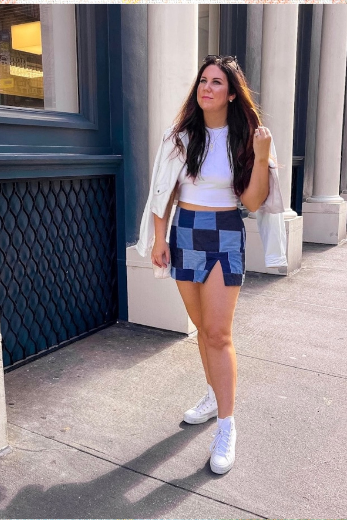 Fall casual outfit, fall fashion

White faux leather crop jacket, platform converse sneakers, patchwork denim mini skirt, white crop tee, white t-shirt 

#LTKshoecrush #LTKSeasonal #LTKstyletip