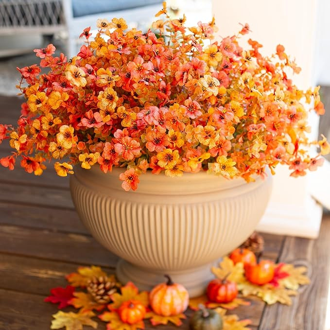 Artificial Fake Plants Flowers for Outdoor Fall Autumn Decoration, 12 Bundles Faux Silk Orange Ye... | Amazon (US)