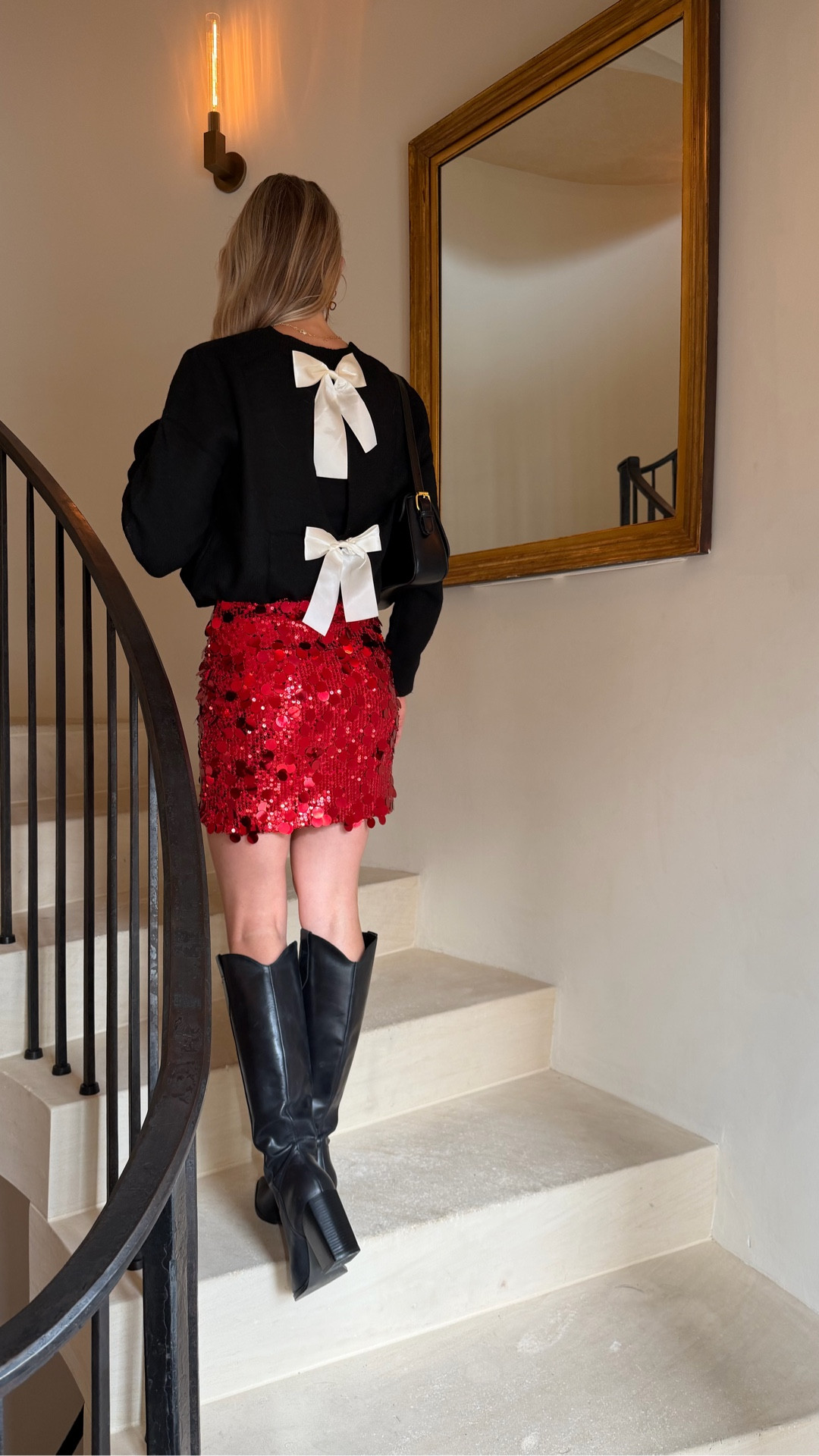 Obsessed with this adorable Amazon Christmas outfit! 🎁 The cutest bow sweater (small tts) paired with a red sparkly sequin skirt (XS tts) — perfect for holiday parties, Christmas events, and festive nights out. ✨❤️ Such an easy + affordable holiday look! And these boots are 50% off for Black Friday!! Size 7-size up1/2. 

Holiday outfit. 🎄 Christmas outfit. ❤️ Festive outfit. ✨ Holiday party outfit. Christmas party outfit. Amazon fashion. Amazon holiday outfit. Bow sweater. 🎀 Sequin skirt. Red sequin skirt. Holiday style. Winter outfit. Holiday looks. Sparkle skirt. 🎉 Christmas Day outfit. Festive outfits. Christmas skirt. Sparkly skirt. Sparkly Christmas outfit. Nye outfit. Nye party outfit 

#LTKHoliday #LTKCyberWeek #LTKFindsUnder50