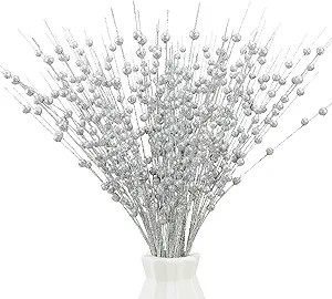 Greentime 10 Pack Silver Artificial Glitter Berry Stem Ornaments 15.7 Inches Fake Christmas Picks... | Amazon (US)