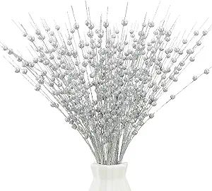 Greentime 10 Pack Silver Artificial Glitter Berry Stem Ornaments 15.7 Inches Fake Christmas Picks... | Amazon (US)