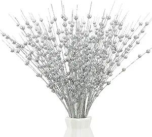 Greentime 10 Pack Silver Artificial Glitter Berry Stem Ornaments 15.7 Inches Fake Christmas Picks... | Amazon (US)