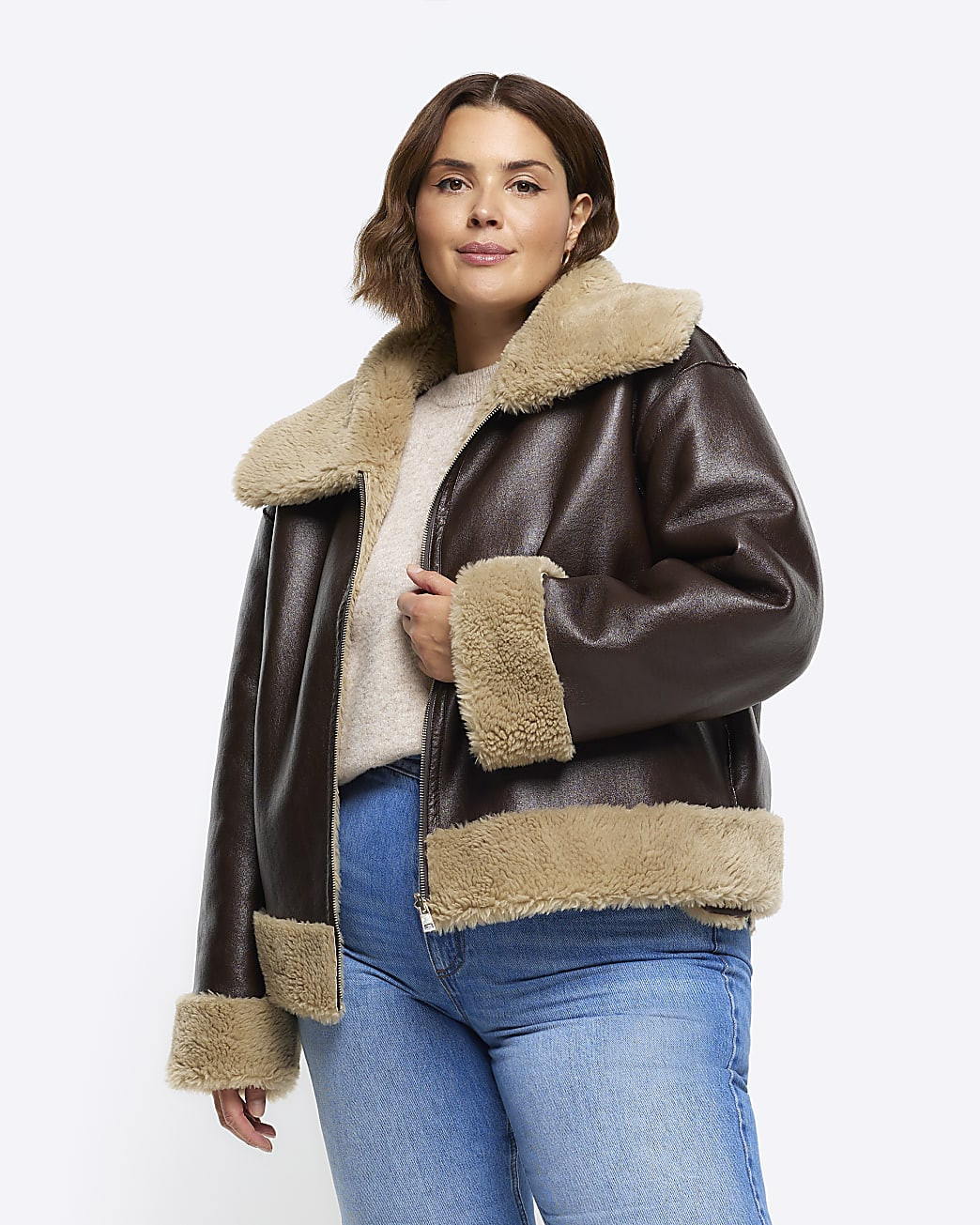 Plus brown reversible shearling jacket | River Island (US)