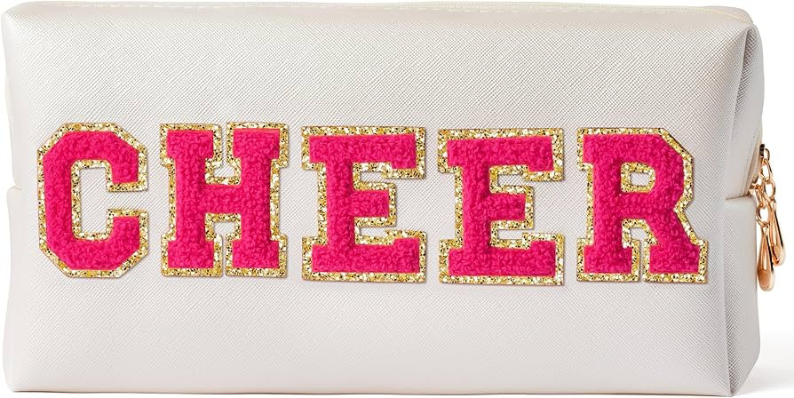 Y1tvei Preppy Patch CHEER Hot Pink Chenille Letter Extra Large Cosmetic Bag PU Leather Waterproof... | Amazon (US)