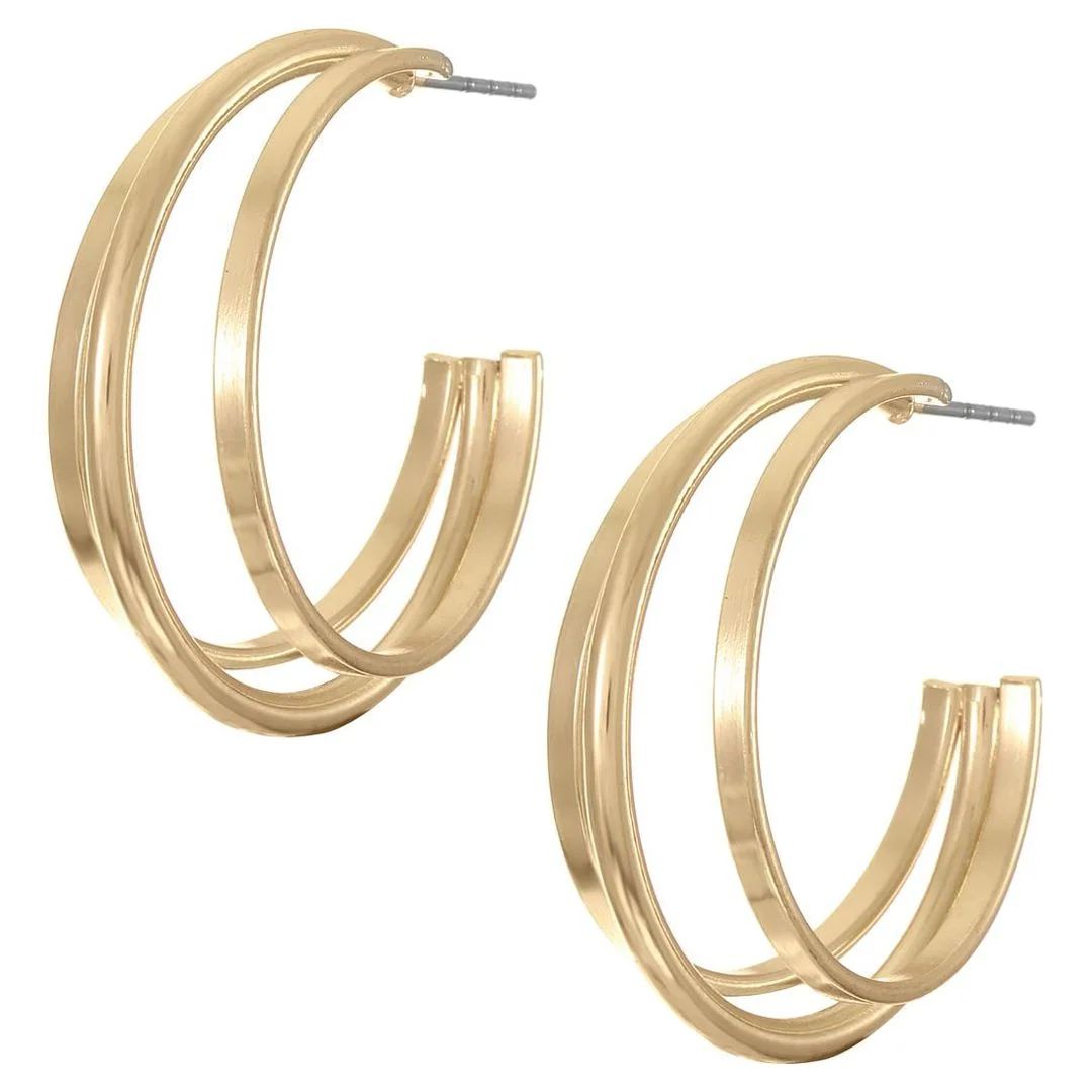 Time and Tru Triple Layer Gold Hoops for Women, Polished Gold - Walmart.com | Walmart (US)