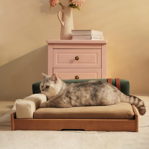 YFANLYNXCI Luxury Wooden Cat Bed Sofa, Modern Solid Wood Cat Couch with Scratch-Resistant Chenille, Orthopedic Foam Cushion, Washable Removable Cover, Non-Slip Base, Designer Cat Furniture Indoor | Amazon (US)