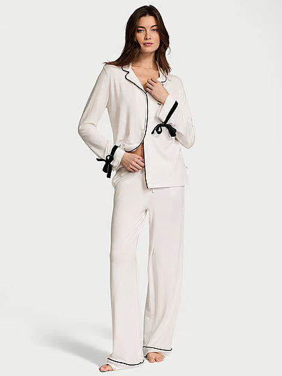 Modal Soft Velvet-Trim Long Pajama Set, White/ivory, Largereg - Women's Sets - Victoria's Secret | Victoria's Secret (US / CA )
