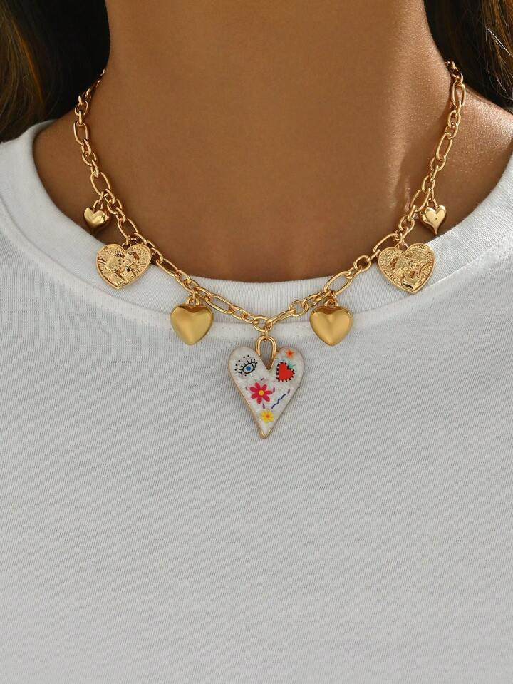 1pc Fashionable Heart Locket Charm Necklace, Metallic Exaggerated Colorful Heart Pendant Jewelry Set, Suitable For Women's Daily Wear, Street Photography Decoration, Handmade Adjustable Chain Length, Mother's Day Elegant Gift | SHEIN