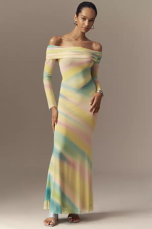 AFRM Long-Sleeve Off-The-Shoulder Mesh Maxi Dress | Anthropologie (US)