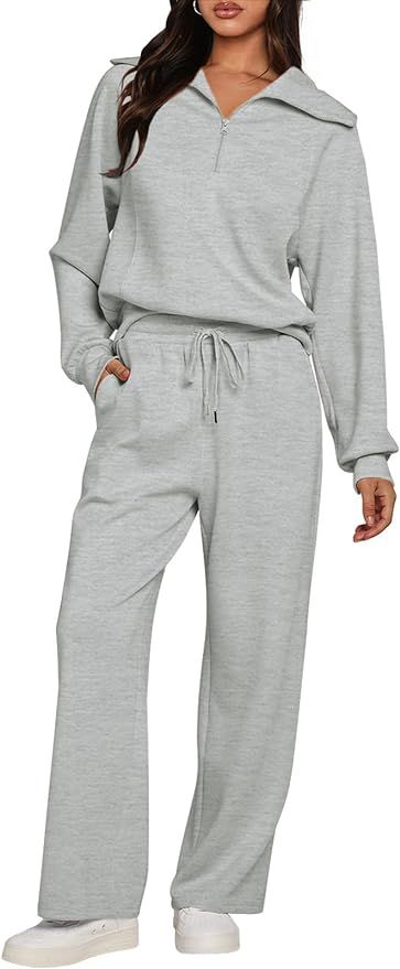 MEROKEETY Women's 2 Piece Outfits 2023 Long Sleeve Half Zip Sweatshirt Wide Leg Sweatpants Lounge... | Amazon (US)