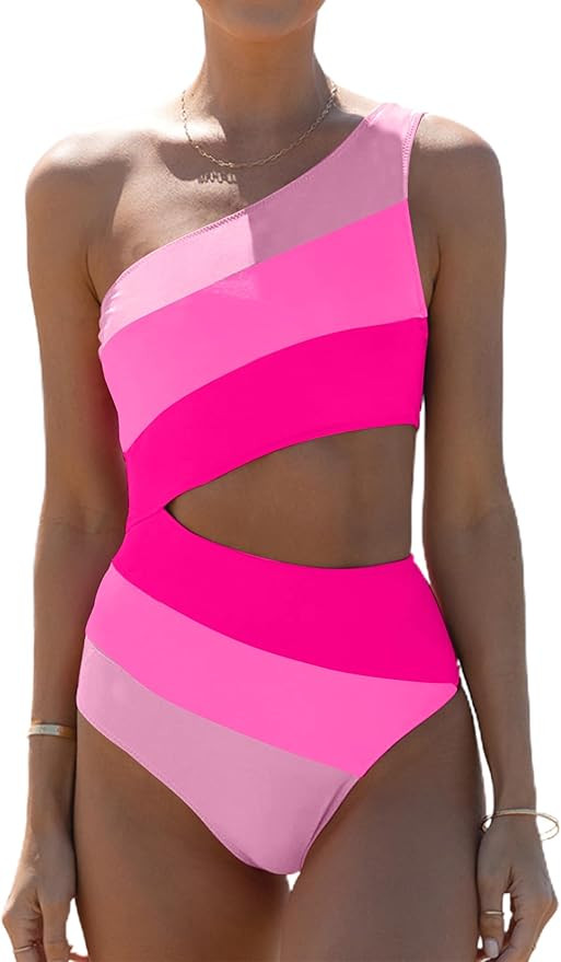 Hilinker Cut Out One Piece Bathing Suit for Women Color Block One Shoulder Swimsuit | Amazon (US)
