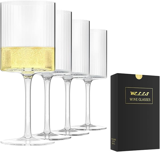 Large Ribbed Square Wine Glasses Set of 4 Crystal,17oz Clear Cylinder Fluted Glassware Flat Botto... | Amazon (US)