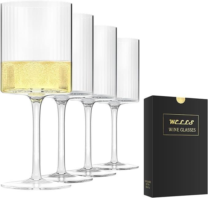 Large Ribbed Square Wine Glasses Set of 4 Crystal,17oz Clear Cylinder Fluted Glassware Flat Botto... | Amazon (US)