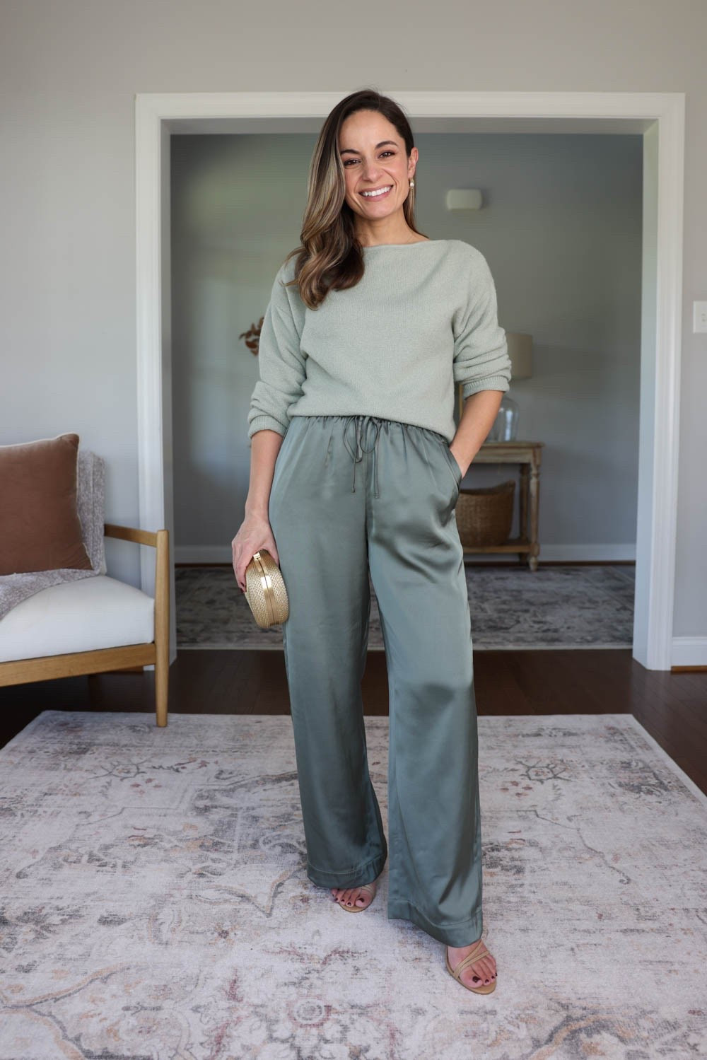 I found a great pair of satin pants! Love these for the holiday season but they could even be dressed up for work if you’re feeling adventurous (of course dress code dependent). 

27.5” inseam in short and true to size, I’m wearing xxs short wearing in olive gray
Sweater: xxs 

For size comparison, I’m 4’10” 105lbs. My measurements are 32”, 24”, 36”. I typically wear petite xxs/00/24 and have a 25” ankle inseam and a 27.5-28” full length inseam.

#LTKPetite