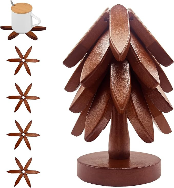 Wooden Trivets for Hot Dishes, Tree Shape Trivet Set, 4 Wooden Trivets + 1 Stand, Stackable Chris... | Amazon (US)