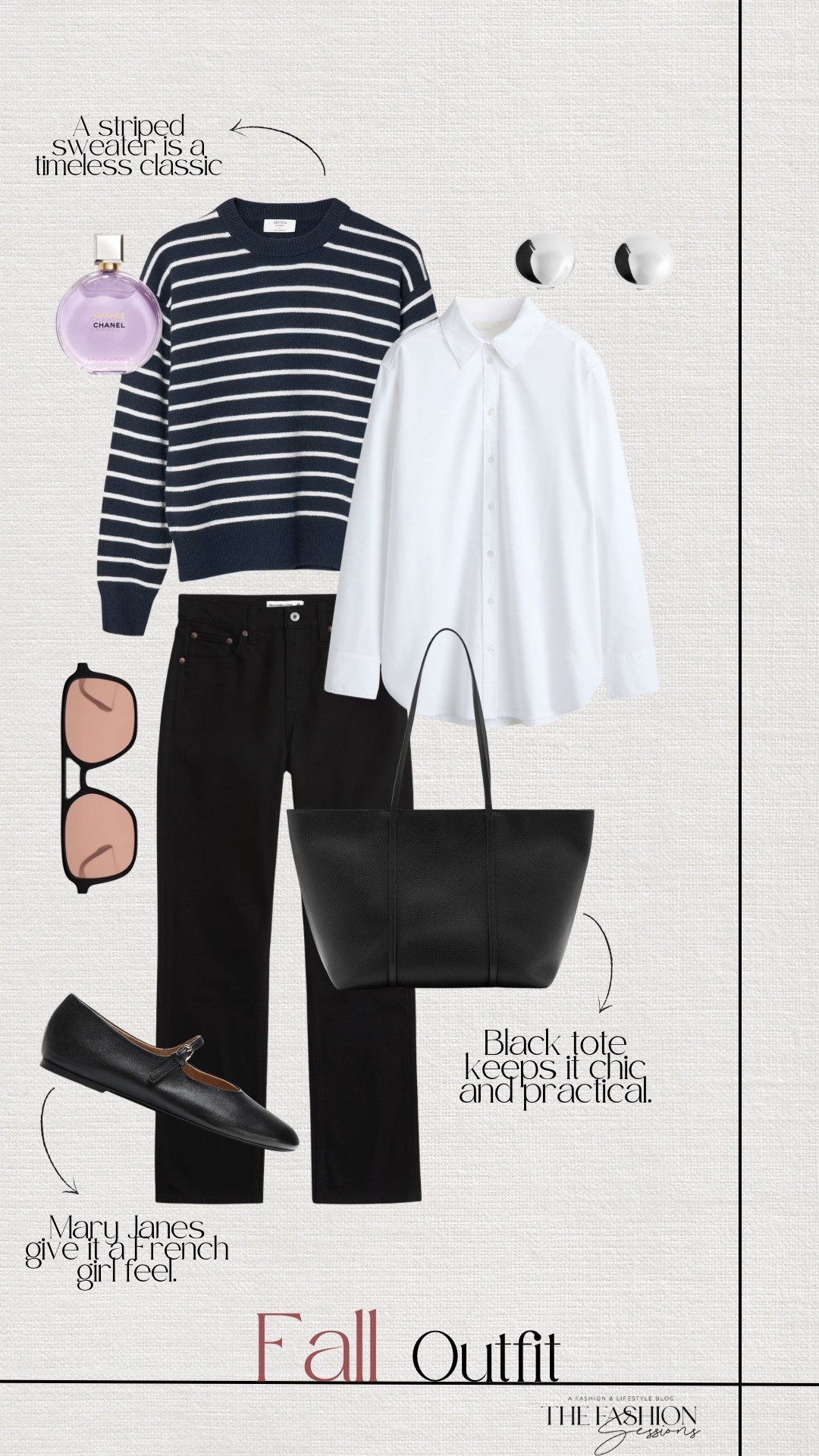 Classic fall outfit with French girl style: a navy and white striped sweater layered over an oversized white button down shirt, black straight leg jeans, and black Mary Jane flats. Finished with a black leather tote, silver studs, Chanel Chance perfume, and brown tinted sunglasses. A timeless capsule wardrobe look that works all fall and winter. Shop every piece below.

#LTKootd #LTKSeasonal #LTKOver40