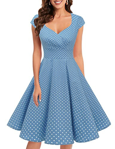 1950s Cocktail Dress Women Polka Dot Tea Party 50s Vintage Retro Rockabilly Pinup Swing Dress Blue Small White Dot XL | Amazon (US)