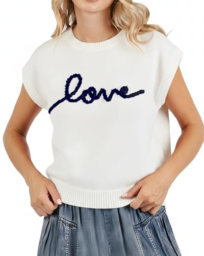 Women's Love Embroidery Sweater Vest Casual Crew Neck Cropped Tank Top Soft Loose Fall Layering V... | Amazon (US)
