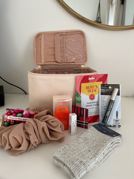 This makeup / toiletry / skincare travel bag is amazing! It’s 7” tall & fits full size bottles 👏🏼 In color 02 Beige ~ Teen Girl Gift, stocked up with Free People Kaxi Jumbo Scrunchie, My favorite cozy socks, starbucks giftcard, ulta giftcard, maybelline full & soft mascara, mini makeup brush cleaning mitt. Teen Girl Gift Ideas, White Elephant Gift | Girlfriend Gift

#LTKGiftGuide #LTKbeauty #LTKHoliday
