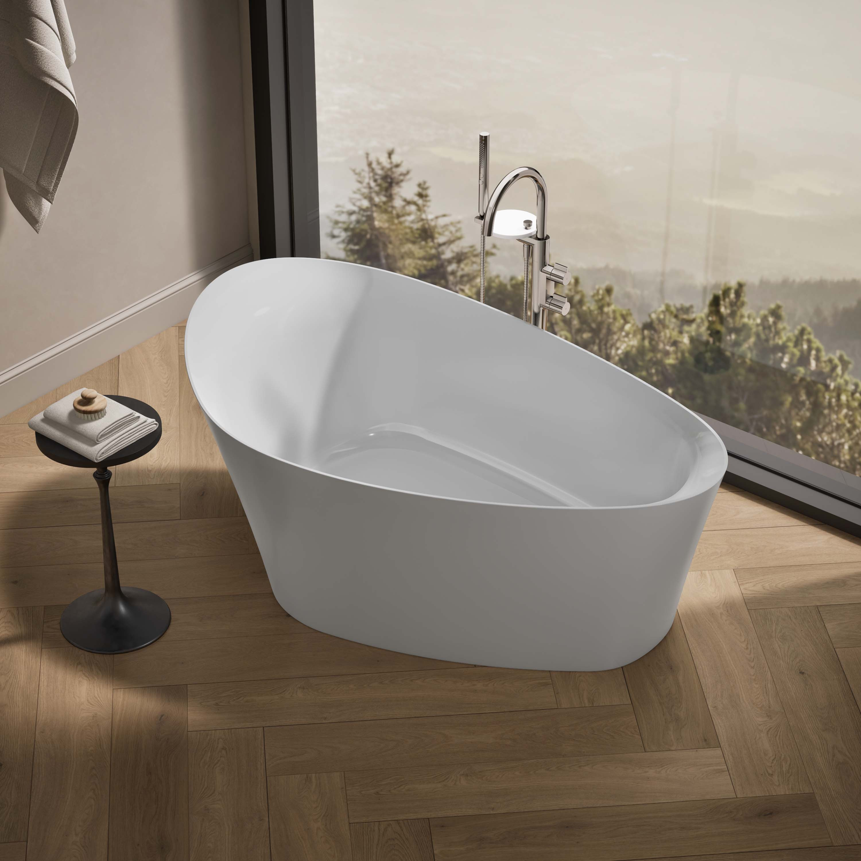 KOHLER Veil 36.75-in x 65.375-in White Solid Surface Oval Freestanding Soaking Bathtub with Drain ( Back center Drain ) | K-8331-0 | Lowe's