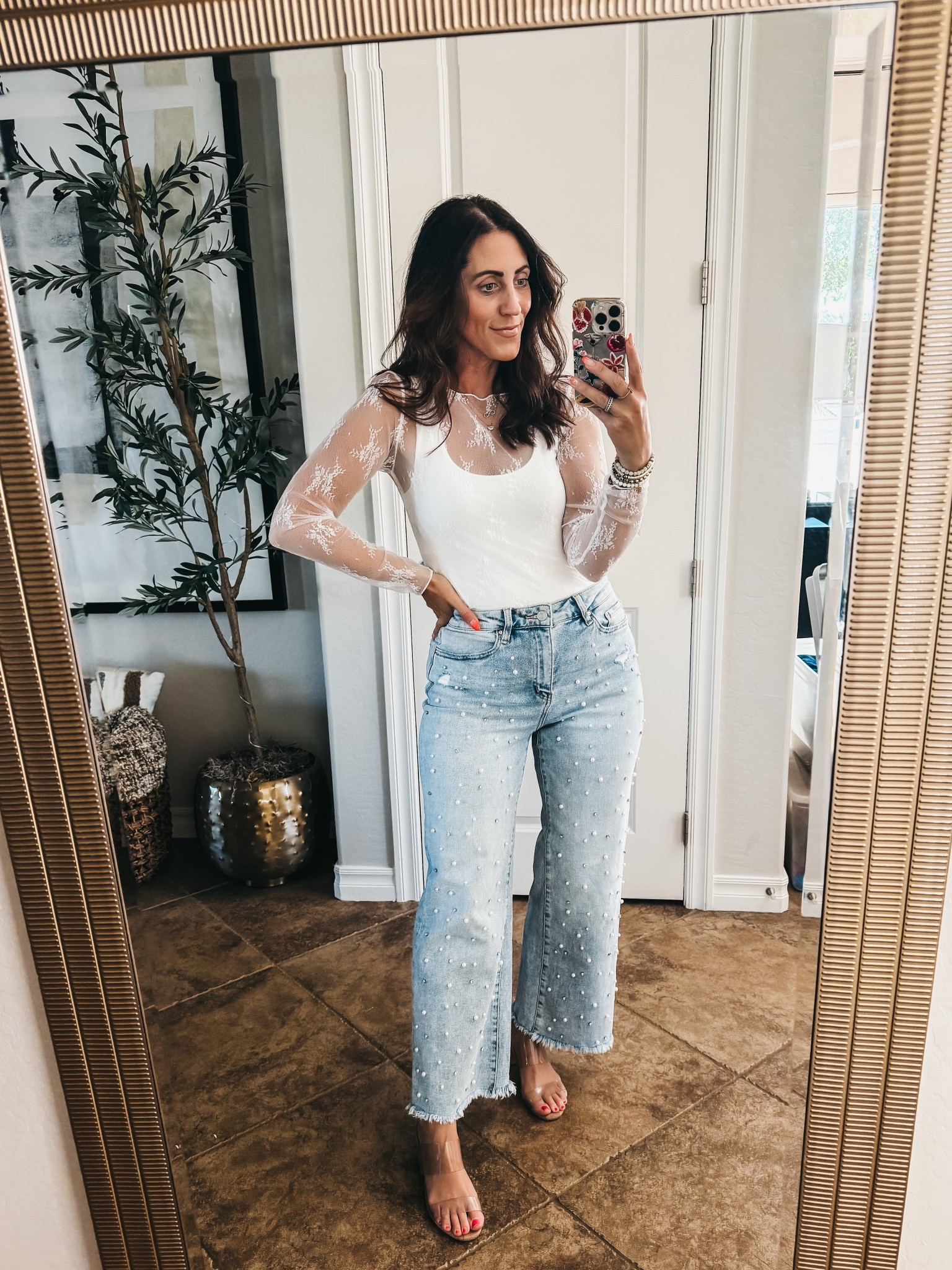 Spring outfit idea 🤍 white lace top & pearl + rhinestone embellished jeans 

Lace top - size medium
White scoop neck tank - size small 

Amazon fashion, target style, dressy casual, spring outfit inspo 

#LTKShoeCrush #LTKSaleAlert #LTKFindsUnder50