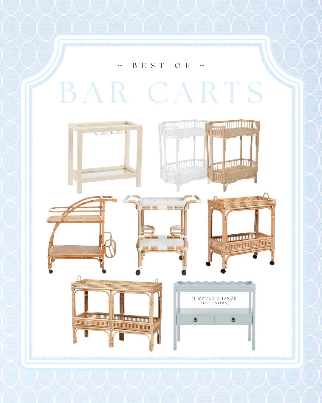 My favorite Affordable Bar Carts and small console tables for a Classic Coastal Home! 🍾 
Elevate your entertaining space with these look for less coastal bar carts that bring breezy, classic coastal style to any room. From natural rattan textures and scalloped details to Serena & Lily and Society Social inspired looks, these stylish carts are perfect for mixing cocktails, serving drinks, or creating a chic coffee station. Shop my curated favorites for a designer look for less and add a touch of relaxed coastal charm to your home decor.


#LTKStyleTip 

#LTKHome #LTKSaleAlert