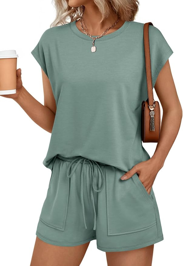 AUTOMET Womens Crew Neck Two Piece short Sets Cap Sleeve Drawstring Summer Sweatsuit with Pocket | Amazon (US)