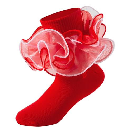 MKYSZLT Girls Ruffle Socks Toddler 4-Layer Big Lace Frilly Dress Socks Turn Cuff Fancy Pageant Sock for Baby Girl Little Kids (US, Age, 1 Year, 3 Years, red - 1 pair) | Amazon (US)
