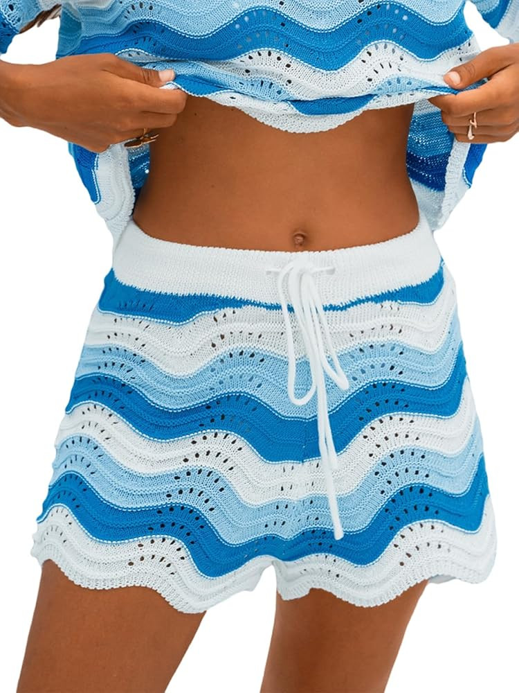CUPSHE Women's Cover Up Shorts Striped Drawstring Waist Knit Swimsuit Cover Up Summer Casual Beac... | Amazon (US)