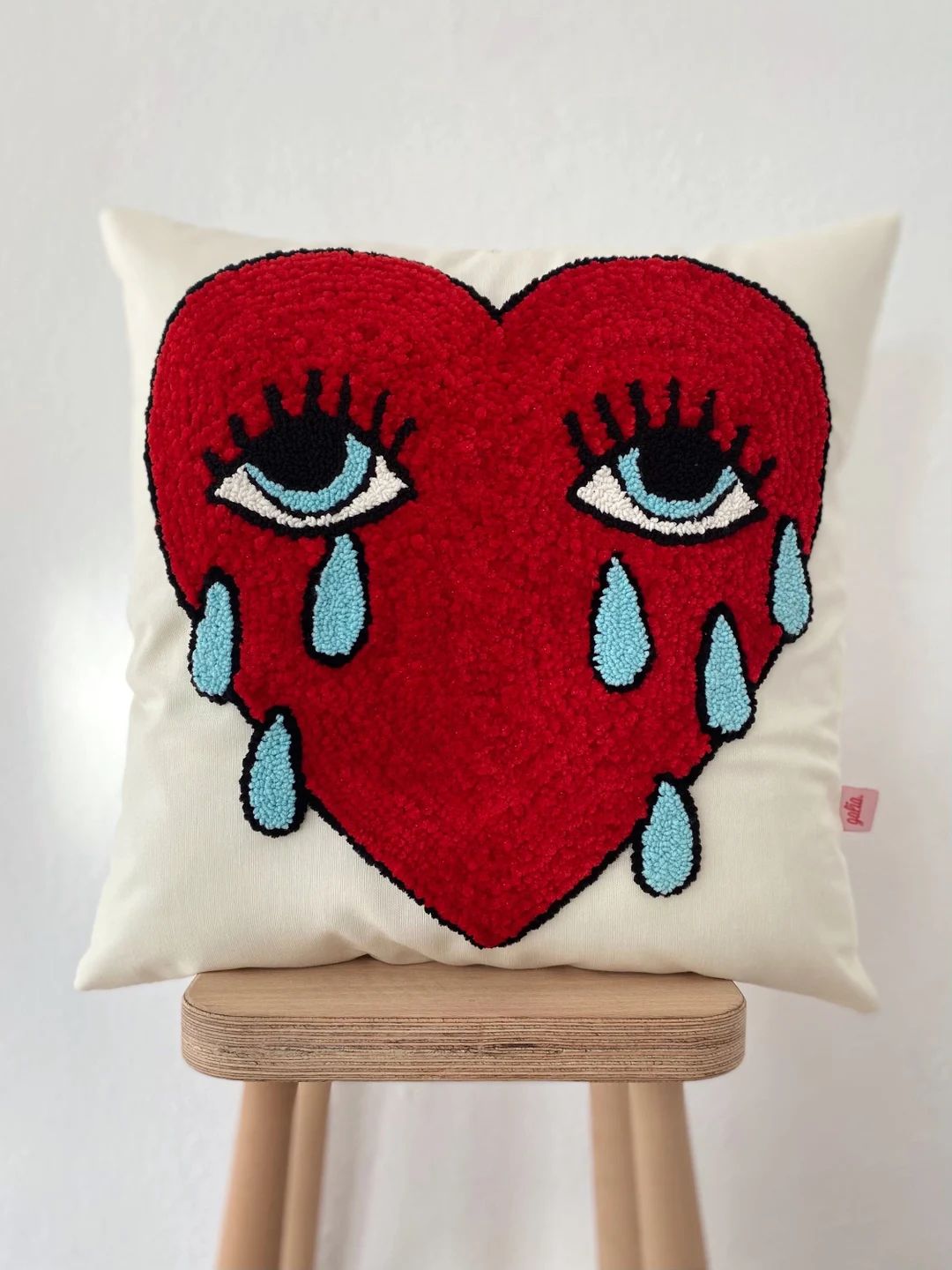 Galia Tasarim handmade Punch Needle Velvet Pillow Cover With Crying Heart Design - Etsy | Etsy (US)
