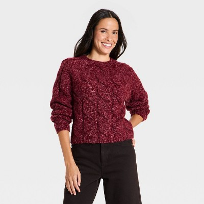 Women's Cable Crewneck Pullover Sweater - Universal Thread™ Heather Burgundy L | Target