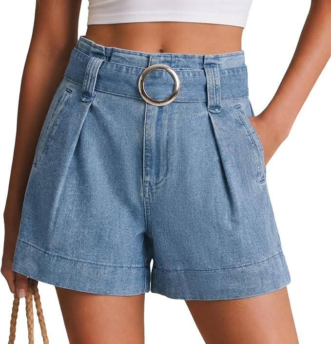 Womens High Waisted Jean Shorts Baggy Wide Leg Belt Pleated Jorts | A Line, Stretchy Fabric, Summ... | Amazon (US)